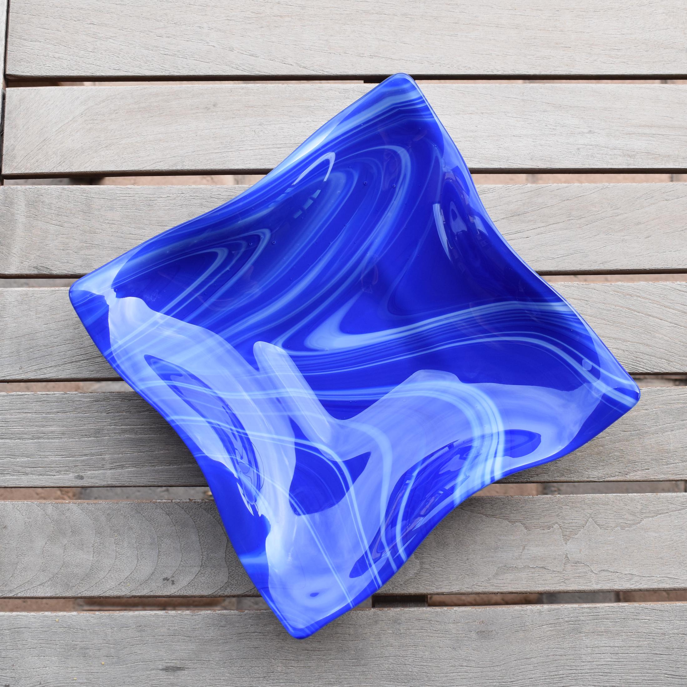 Large Wave Edge Bowl with Foot - Blue and White Swirl Fused Glass - 10" Square