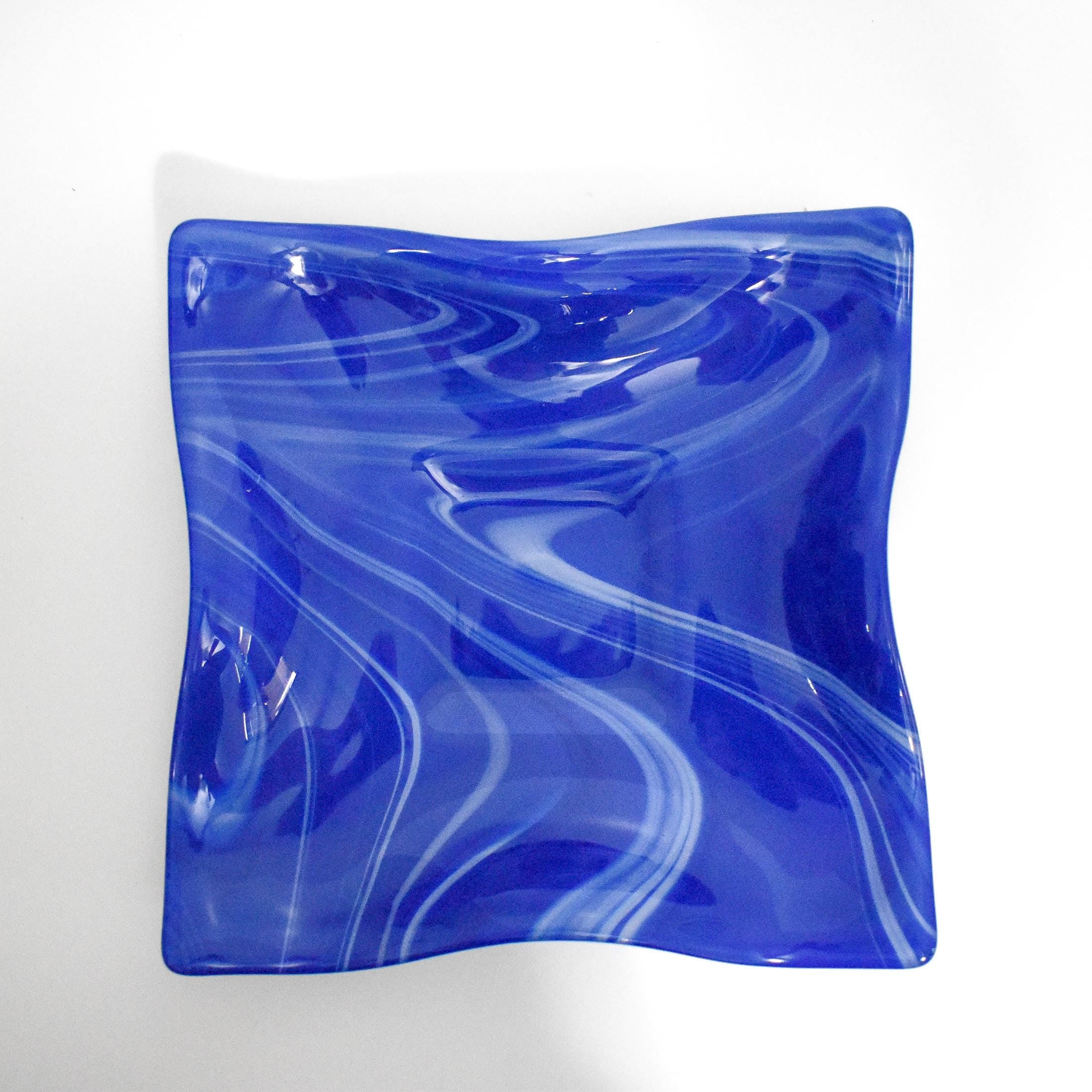 Large Wave Edge Bowl with Foot - Blue and White Swirl Fused Glass - 10" Square