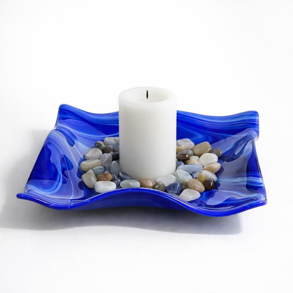 Large Wave Edge Bowl with Foot - Blue and White Swirl Fused Glass - 10" Square