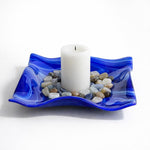 Large Wave Edge Bowl with Foot - Blue and White Swirl Fused Glass - 10" Square