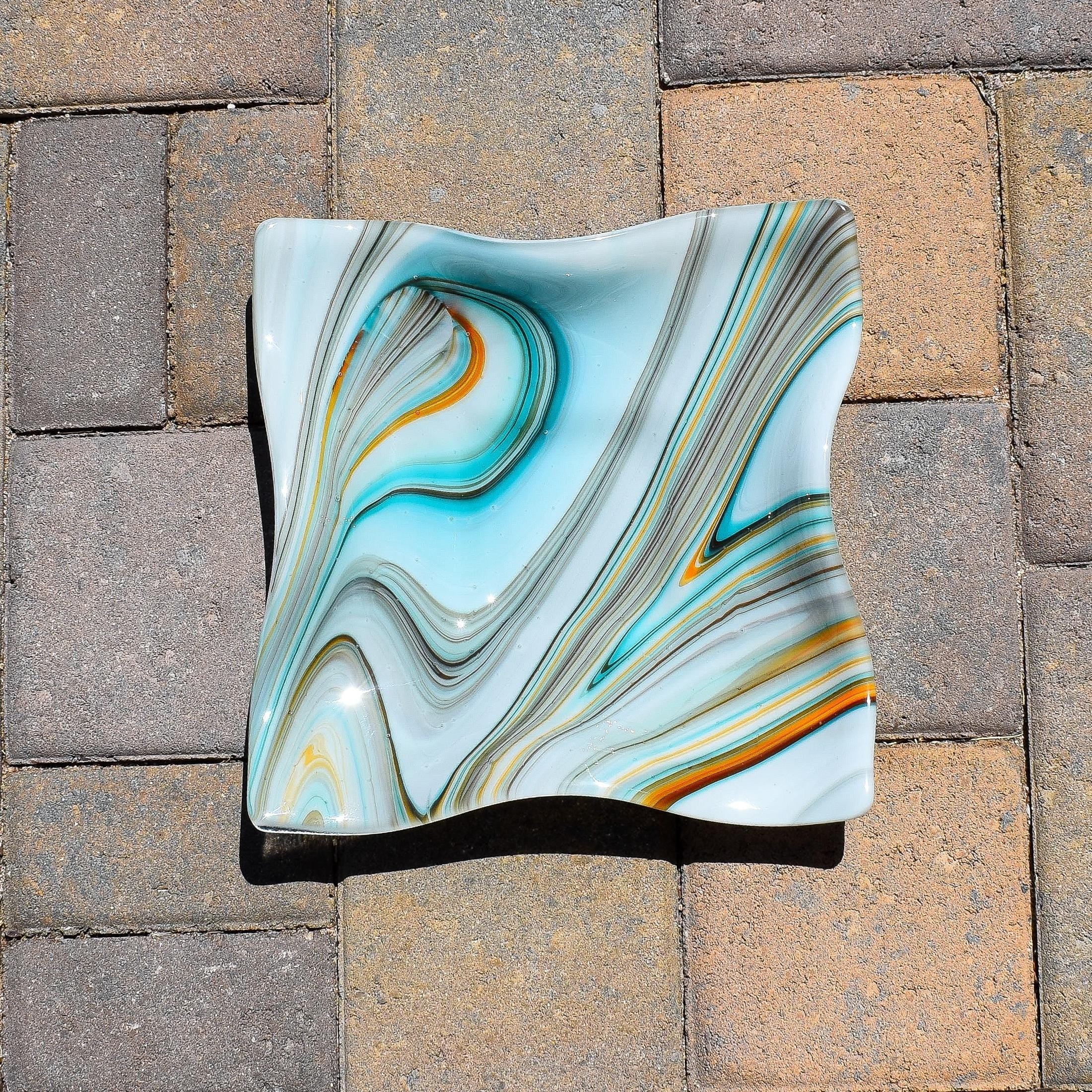 Large Wave Edge Bowl with Foot - Southwestern Style Swirls - 10" Square