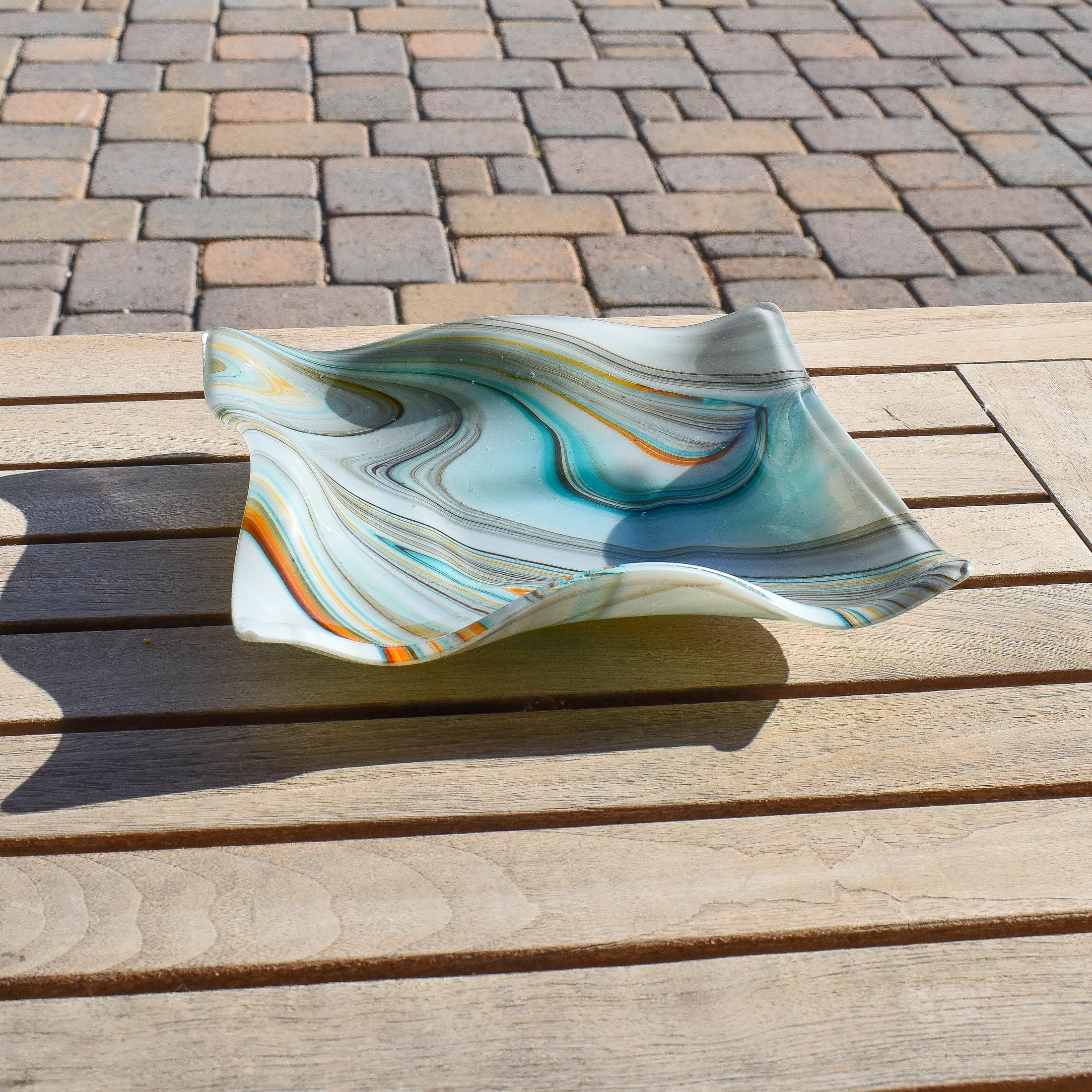 Large Wave Edge Bowl with Foot - Southwestern Style Swirls - 10" Square