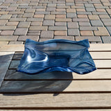 Large Wave Edge Bowl with Foot - Transparent Aventurine Blue Fused Glass - 10" Square