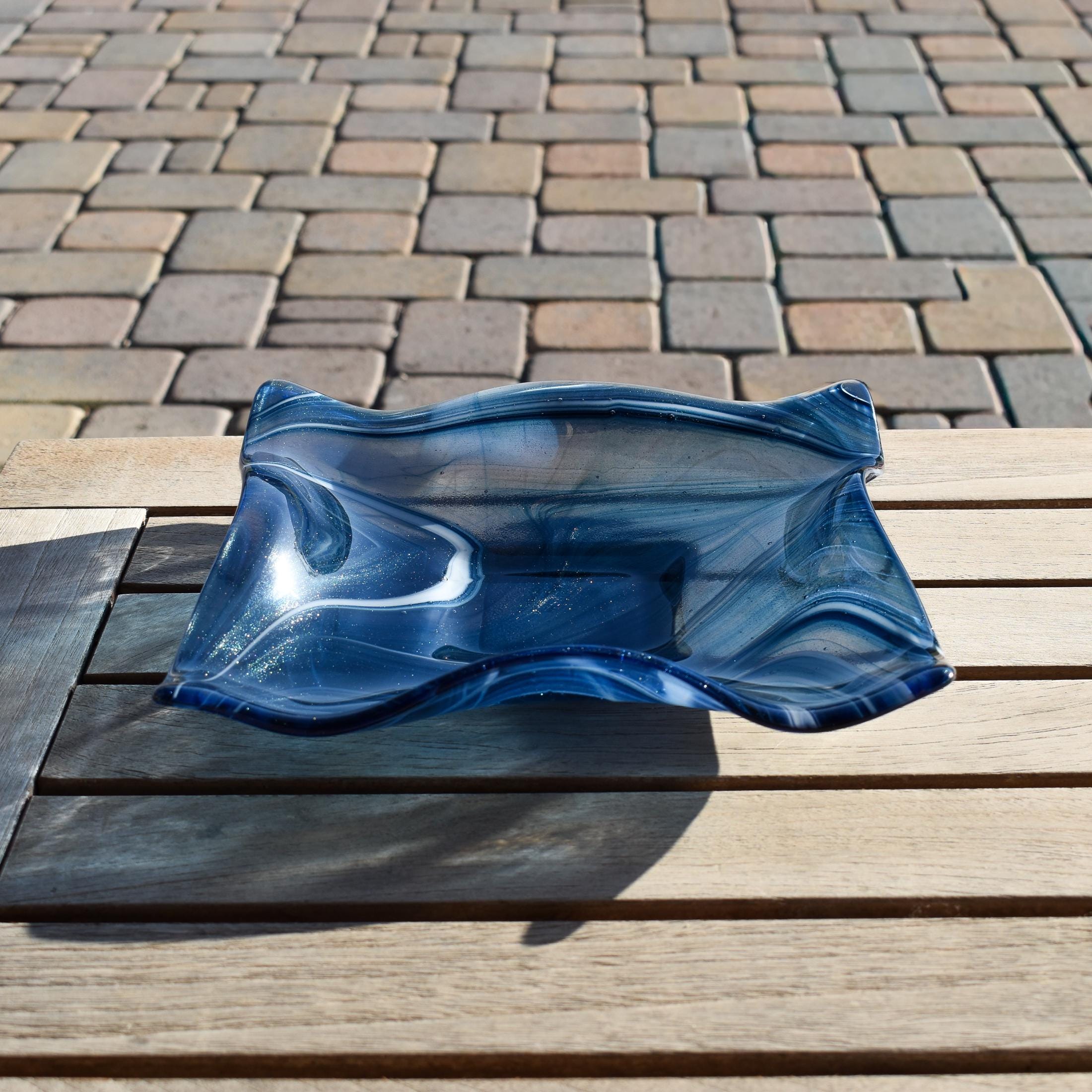 Large Wave Edge Bowl with Foot - Transparent Aventurine Blue Fused Glass - 10" Square