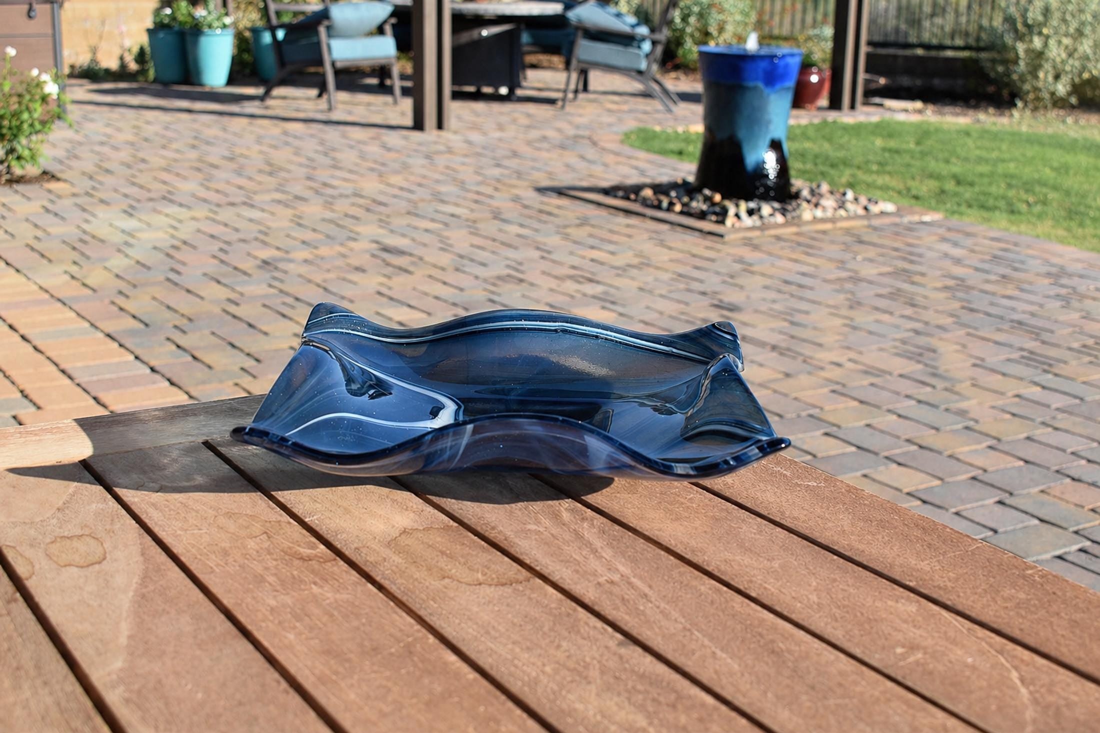 Large Wave Edge Bowl with Foot - Transparent Aventurine Blue Fused Glass - 10" Square