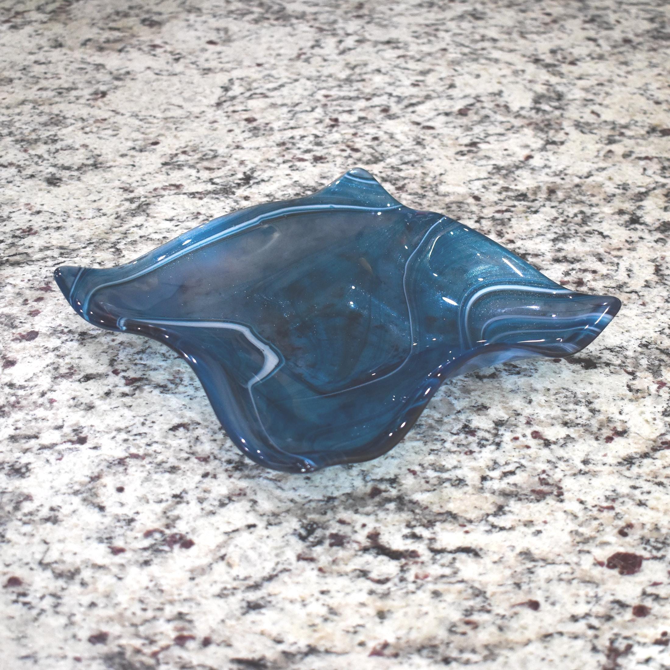 Large Wave Edge Bowl with Foot - Transparent Aventurine Blue Fused Glass - 10" Square