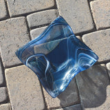 Large Wave Edge Bowl with Foot - Transparent Aventurine Blue Fused Glass - 10" Square