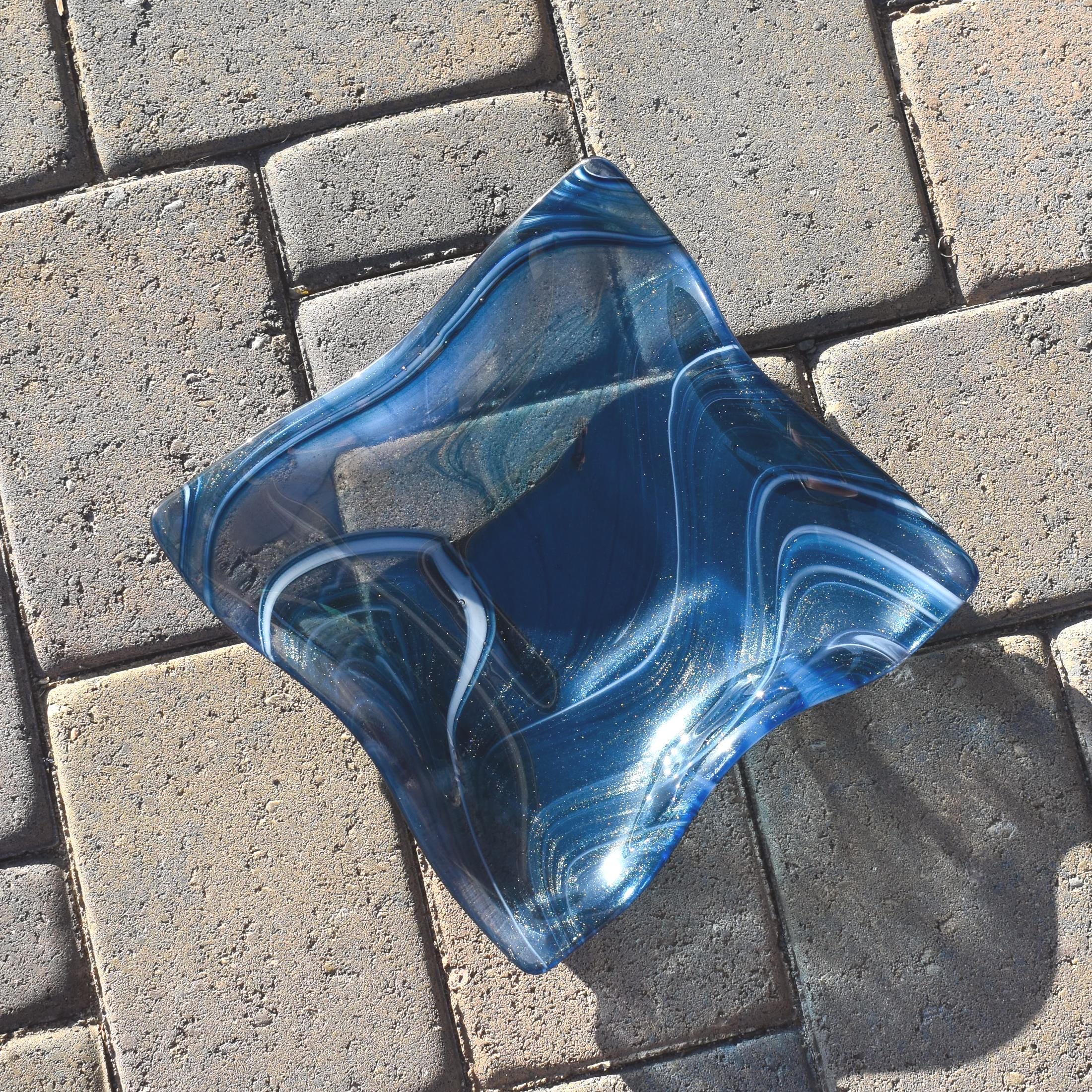 Large Wave Edge Bowl with Foot - Transparent Aventurine Blue Fused Glass - 10" Square