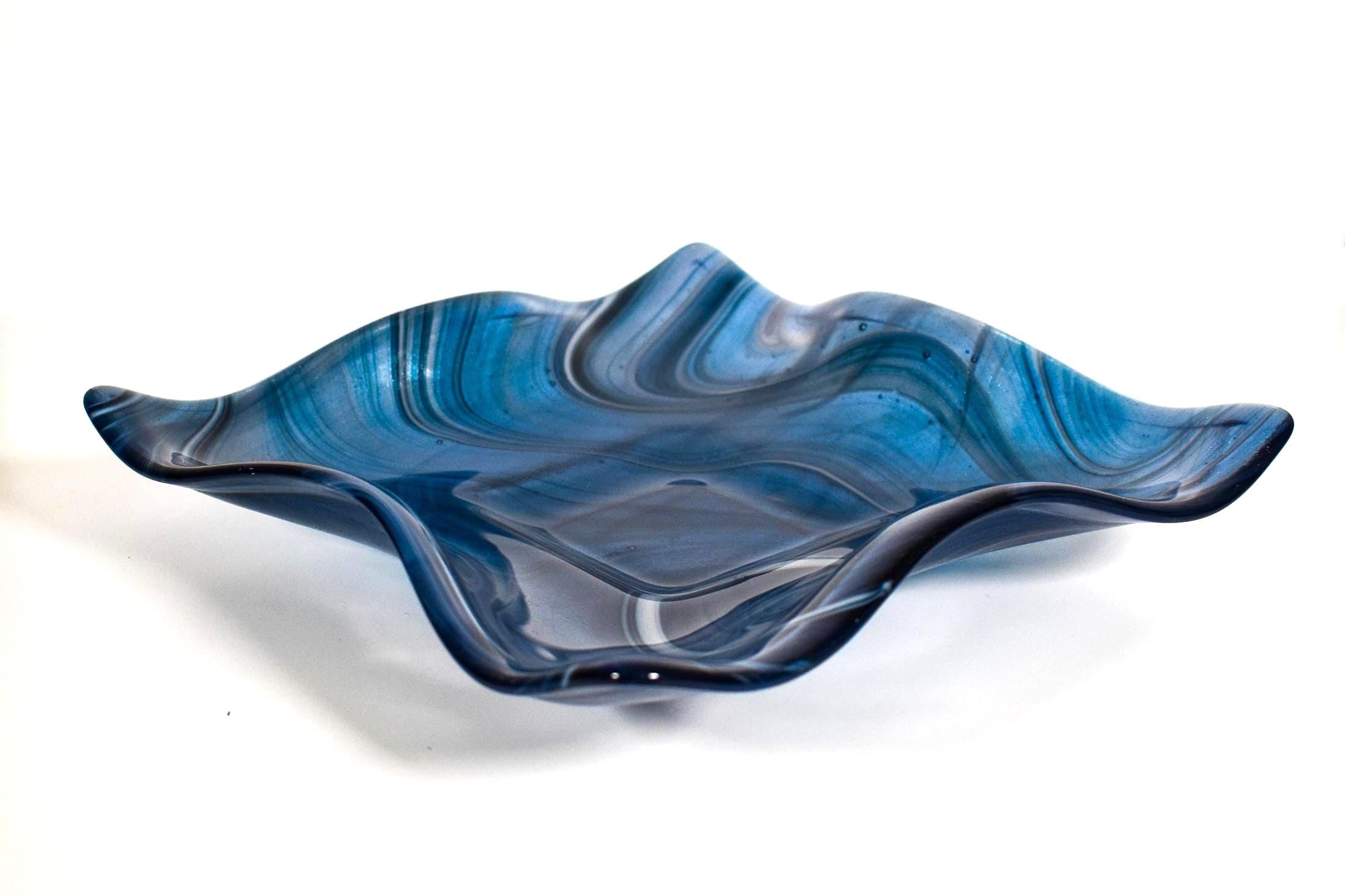 Large Wave Edge Bowl with Foot - Transparent Aventurine Blue Fused Glass - 10" Square