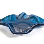 Large Wave Edge Bowl with Foot - Transparent Aventurine Blue Fused Glass - 10" Square