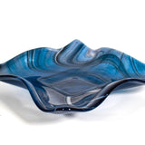 Large Wave Edge Bowl with Foot - Transparent Aventurine Blue Fused Glass - 10" Square