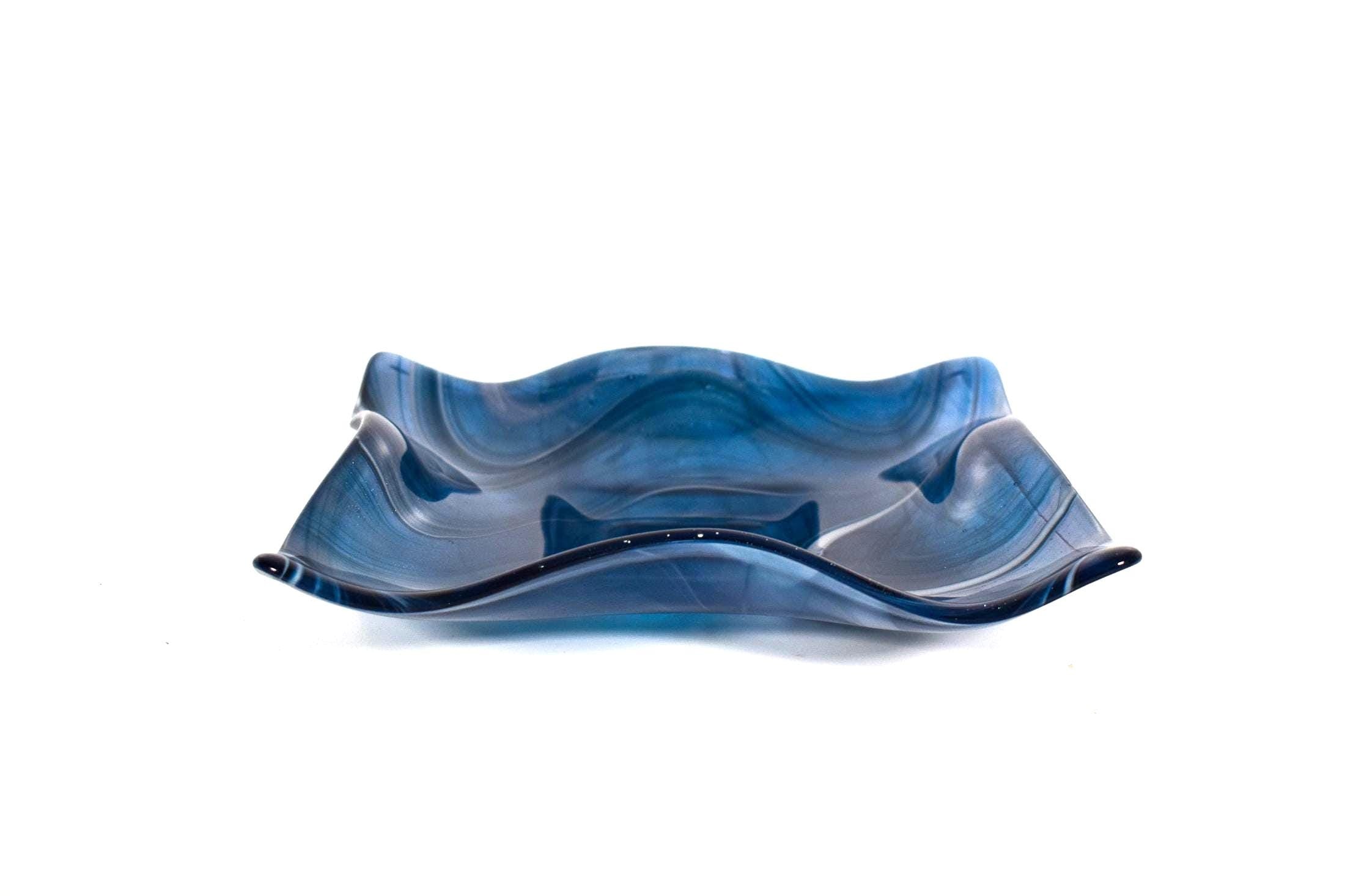 Large Wave Edge Bowl with Foot - Transparent Aventurine Blue Fused Glass - 10" Square