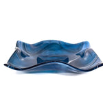 Large Wave Edge Bowl with Foot - Transparent Aventurine Blue Fused Glass - 10" Square