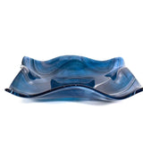 Large Wave Edge Bowl with Foot - Transparent Aventurine Blue Fused Glass - 10" Square