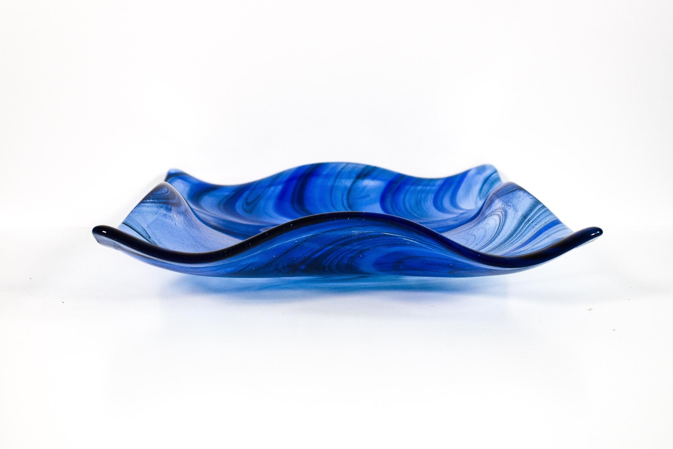 Large Wave Edge Bowl with Foot - Transparent Blues Fused Glass - 10" Square