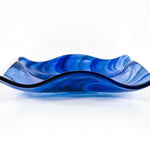 Large Wave Edge Bowl with Foot - Transparent Blues Fused Glass - 10" Square