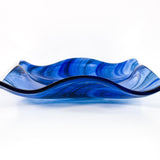Large Wave Edge Bowl with Foot - Transparent Blues Fused Glass - 10" Square