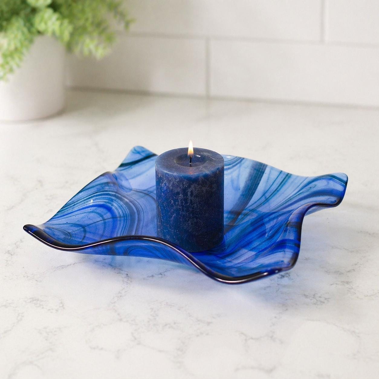 Large Wave Edge Bowl with Foot - Transparent Blues Fused Glass - 10" Square