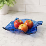 Large Wave Edge Bowl with Foot - Transparent Blues Fused Glass - 10" Square