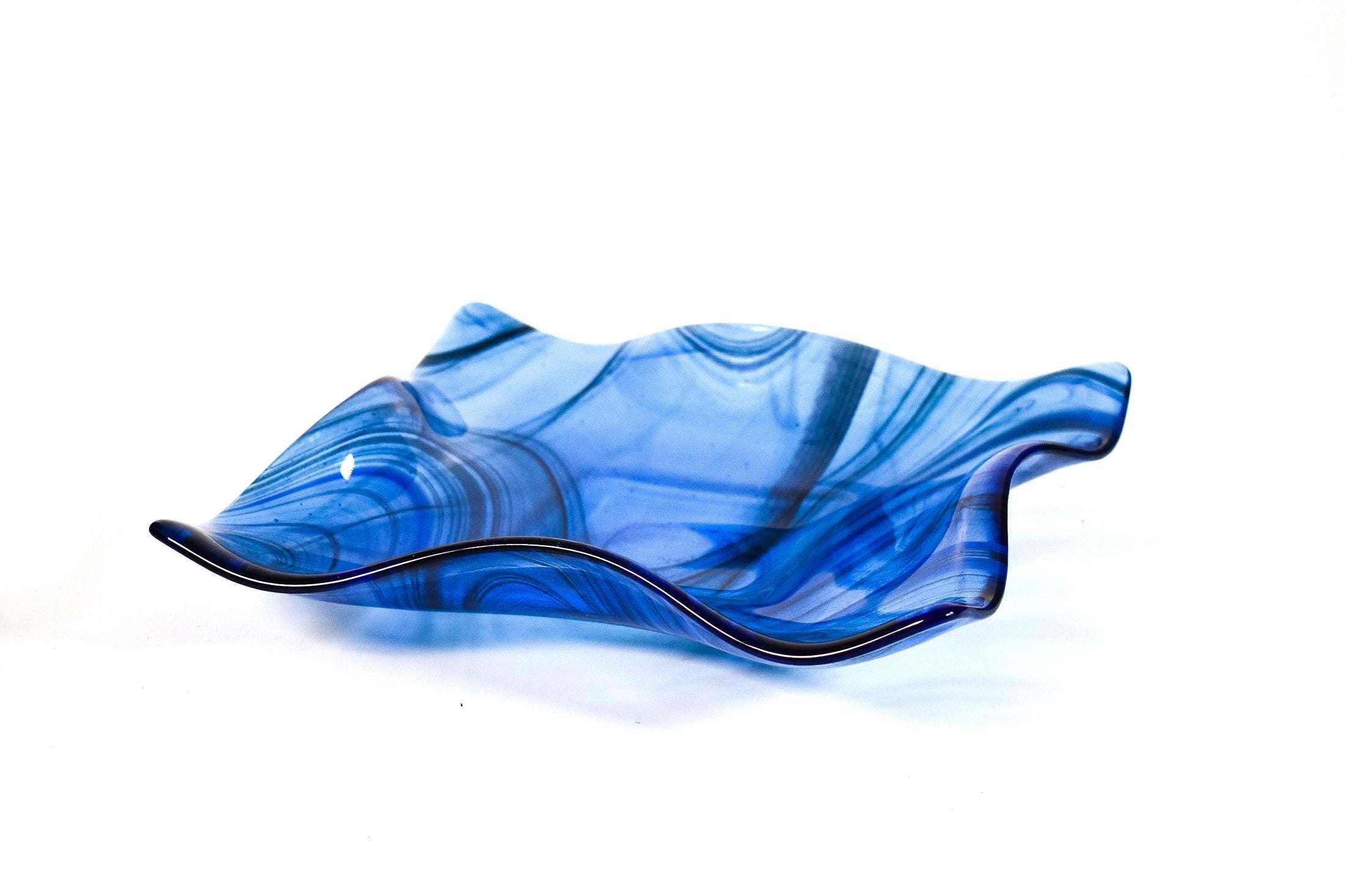 Large Wave Edge Bowl with Foot - Transparent Blues Fused Glass - 10" Square