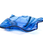 Large Wave Edge Bowl with Foot - Transparent Blues Fused Glass - 10" Square
