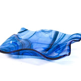 Large Wave Edge Bowl with Foot - Transparent Blues Fused Glass - 10" Square
