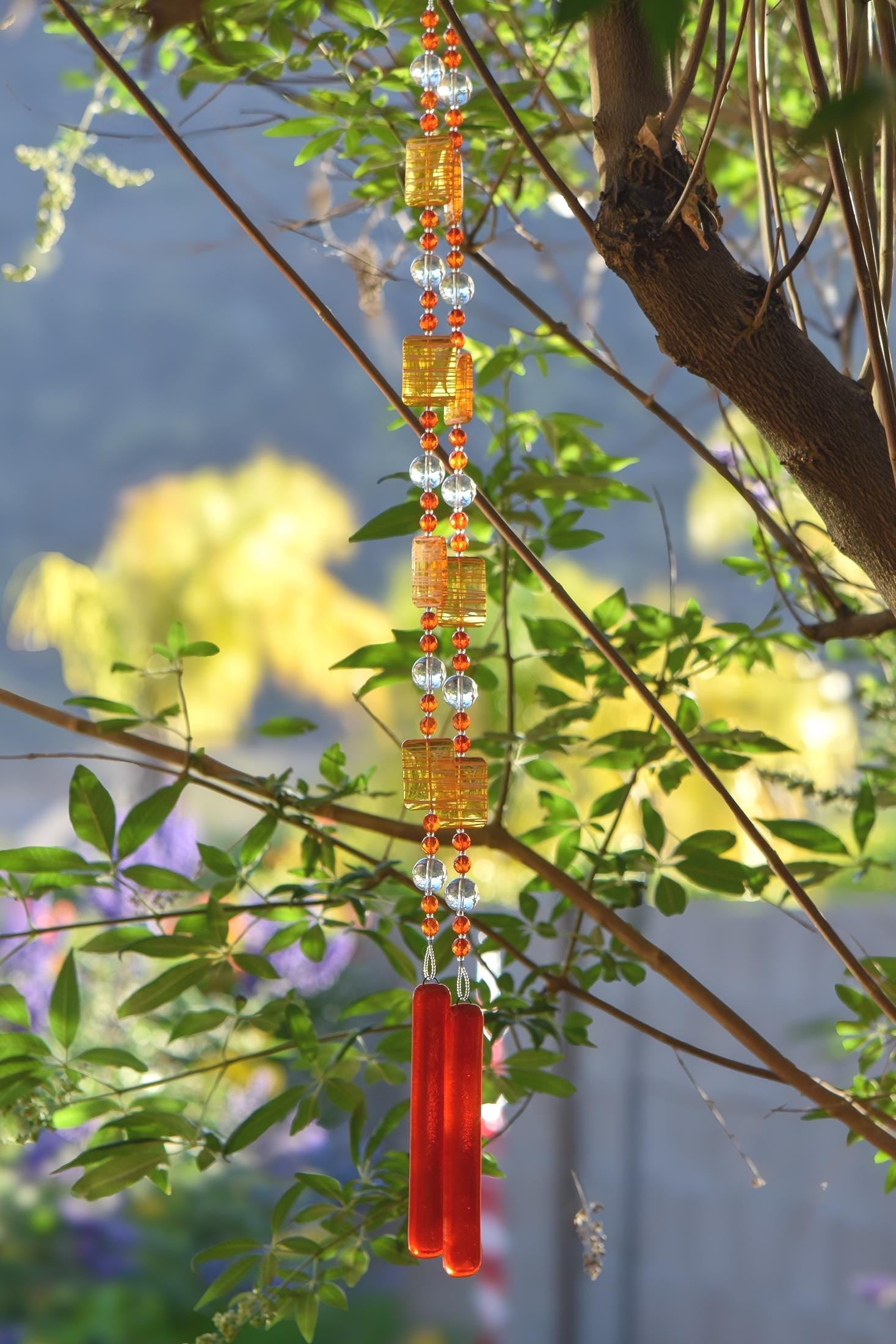 Glass Sun Catching Wind Chime in Bright Colors - Hanging Patio Decor - 30" Long