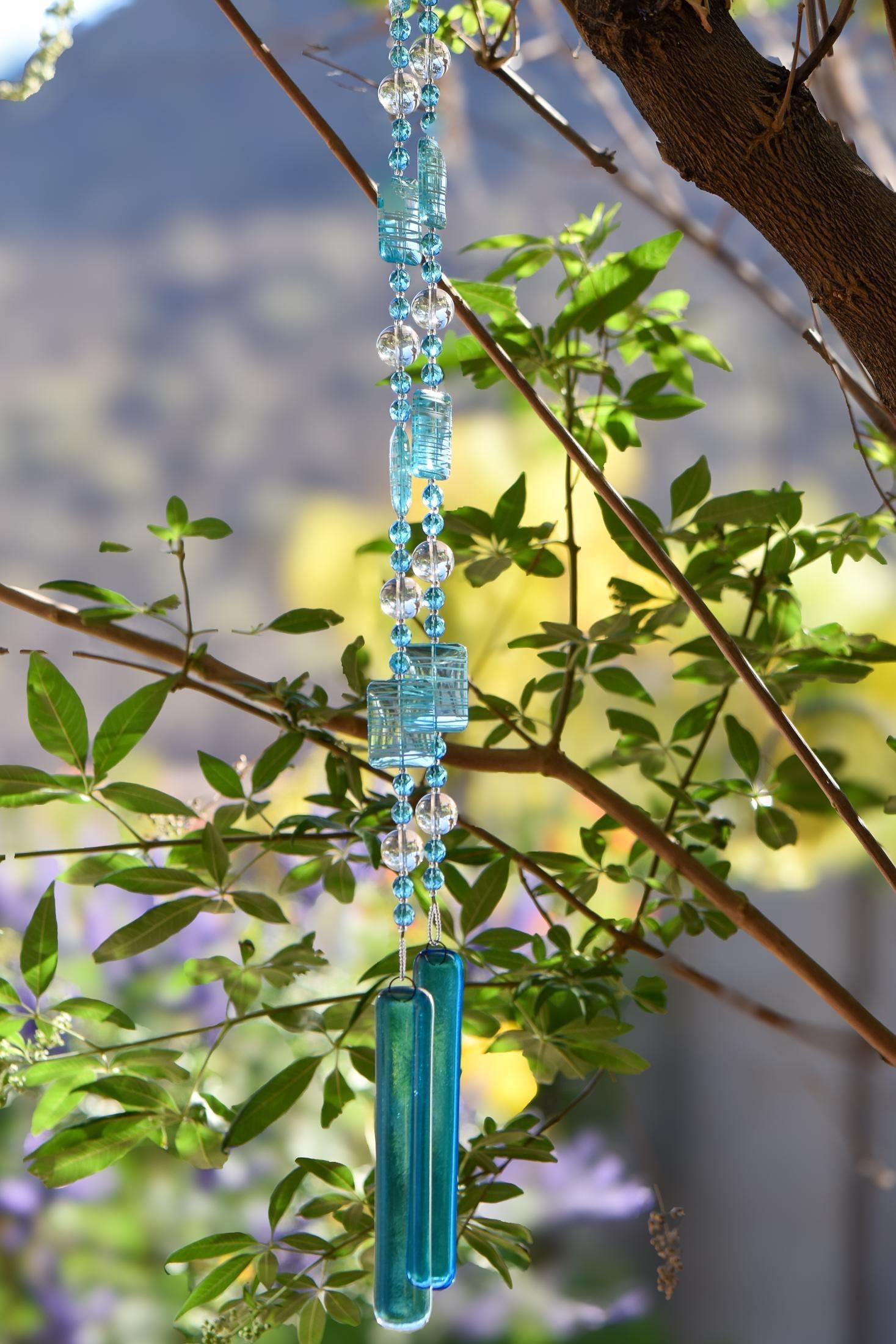 Glass Sun Catching Wind Chime in Bright Colors - Hanging Patio Decor - 30" Long