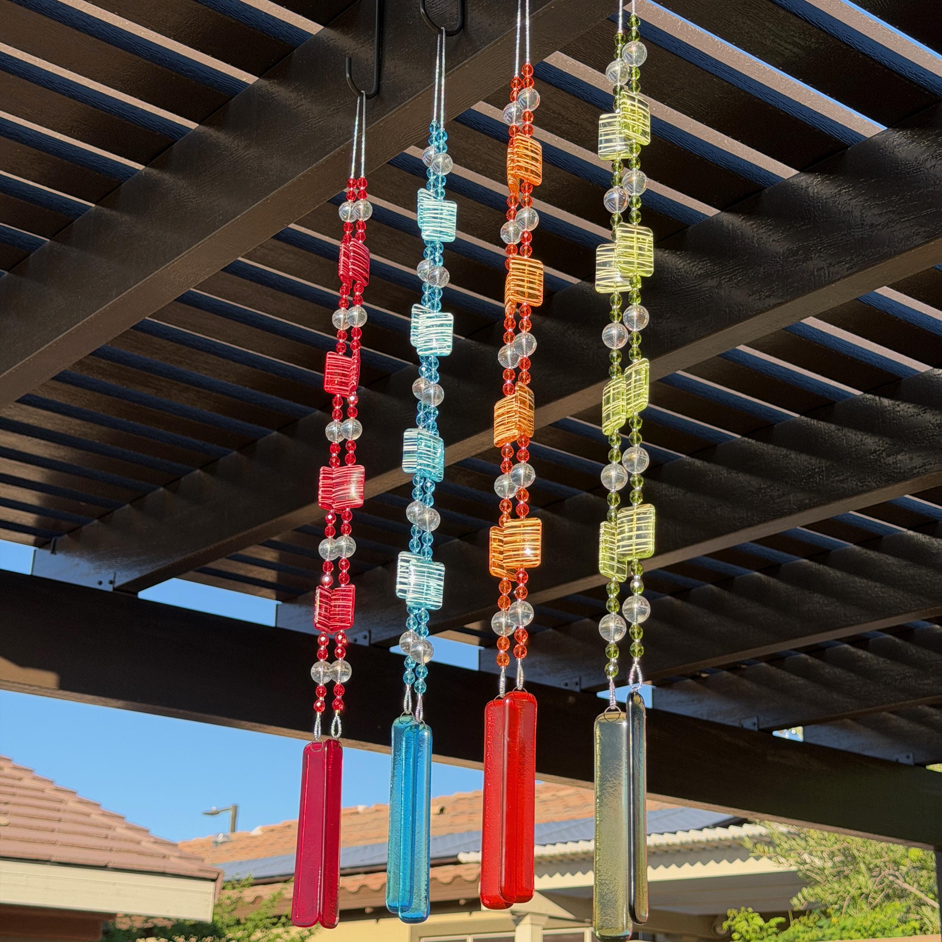 Glass Sun Catching Wind Chime in Bright Colors - Hanging Patio Decor - 30" Long