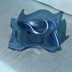 Large Wave Edge Bowl with Foot - Transparent Aventurine Blue Fused Glass - 10" Square