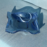 Large Wave Edge Bowl with Foot - Transparent Aventurine Blue Fused Glass - 10" Square