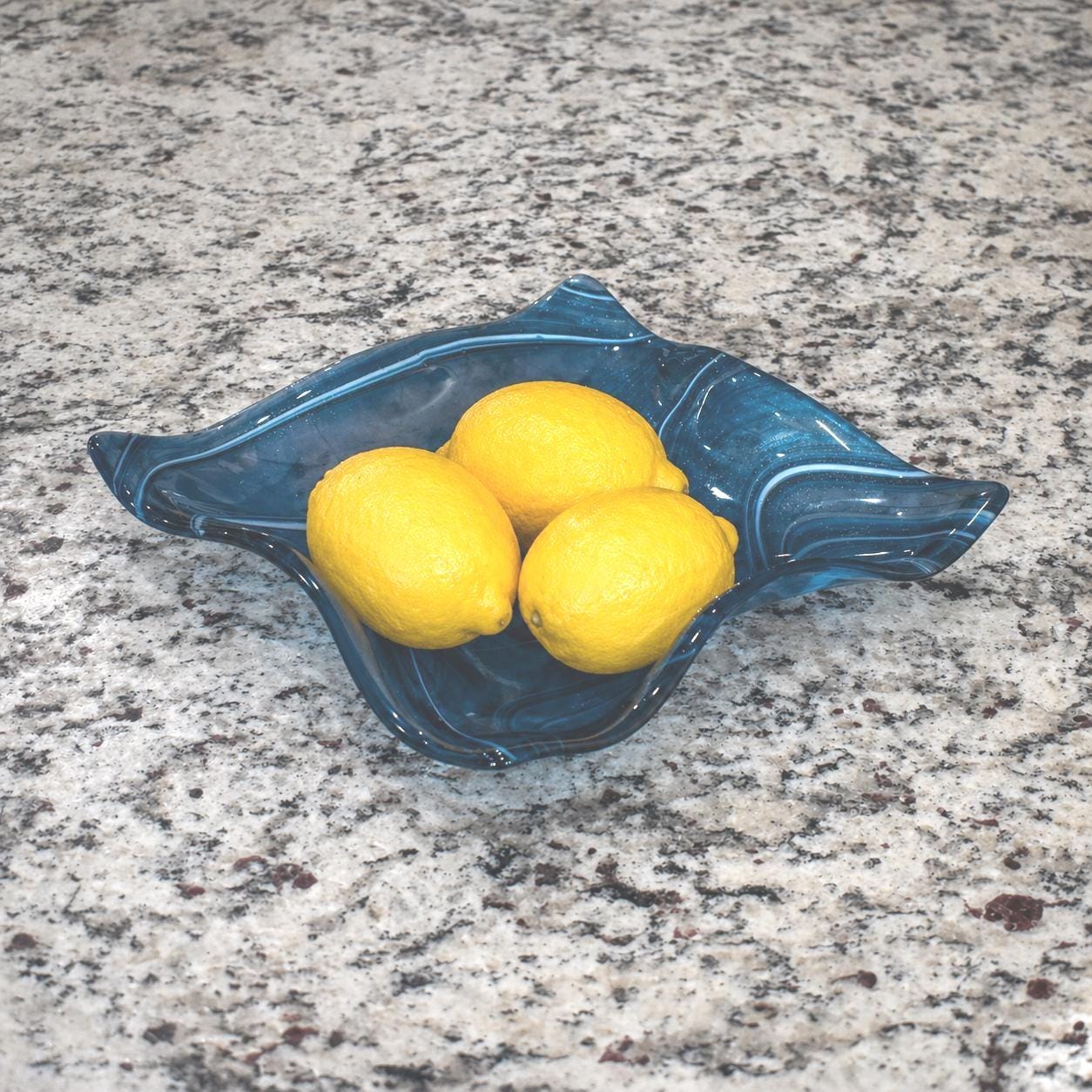 Large Wave Edge Bowl with Foot - Transparent Aventurine Blue Fused Glass - 10" Square