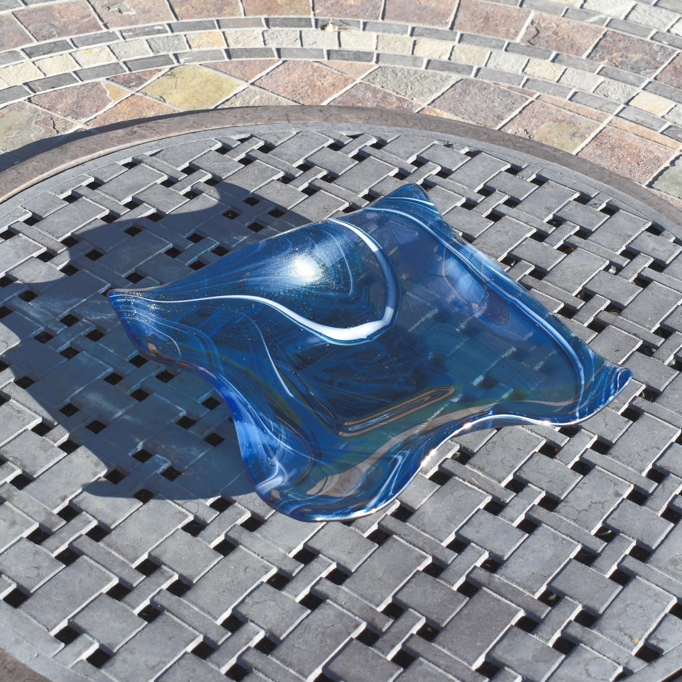 Large Wave Edge Bowl with Foot - Transparent Aventurine Blue Fused Glass - 10" Square