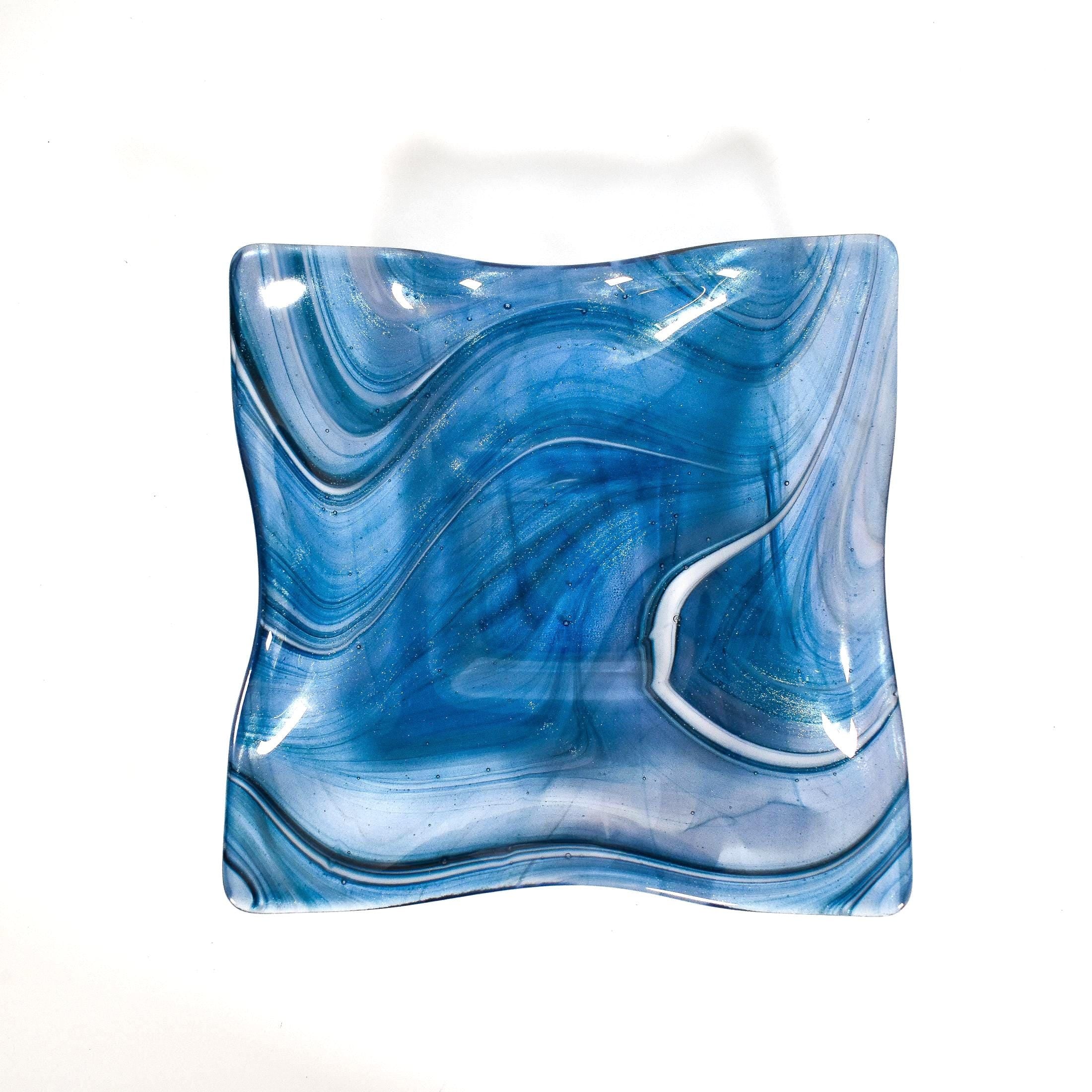 Large Wave Edge Bowl with Foot - Transparent Aventurine Blue Fused Glass - 10" Square
