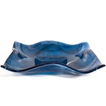 Large Wave Edge Bowl with Foot - Transparent Aventurine Blue Fused Glass - 10" Square