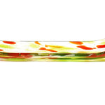 A rectangular glass dish with a curved design. The dish features a clear base with green and orange accents. The colors are distributed throughout the dish, creating a decorative pattern. The dish is likely used for serving or displaying items.