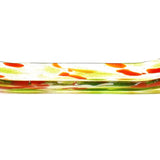 A rectangular glass dish with a curved design. The dish features a clear base with green and orange accents. The colors are distributed throughout the dish, creating a decorative pattern. The dish is likely used for serving or displaying items.