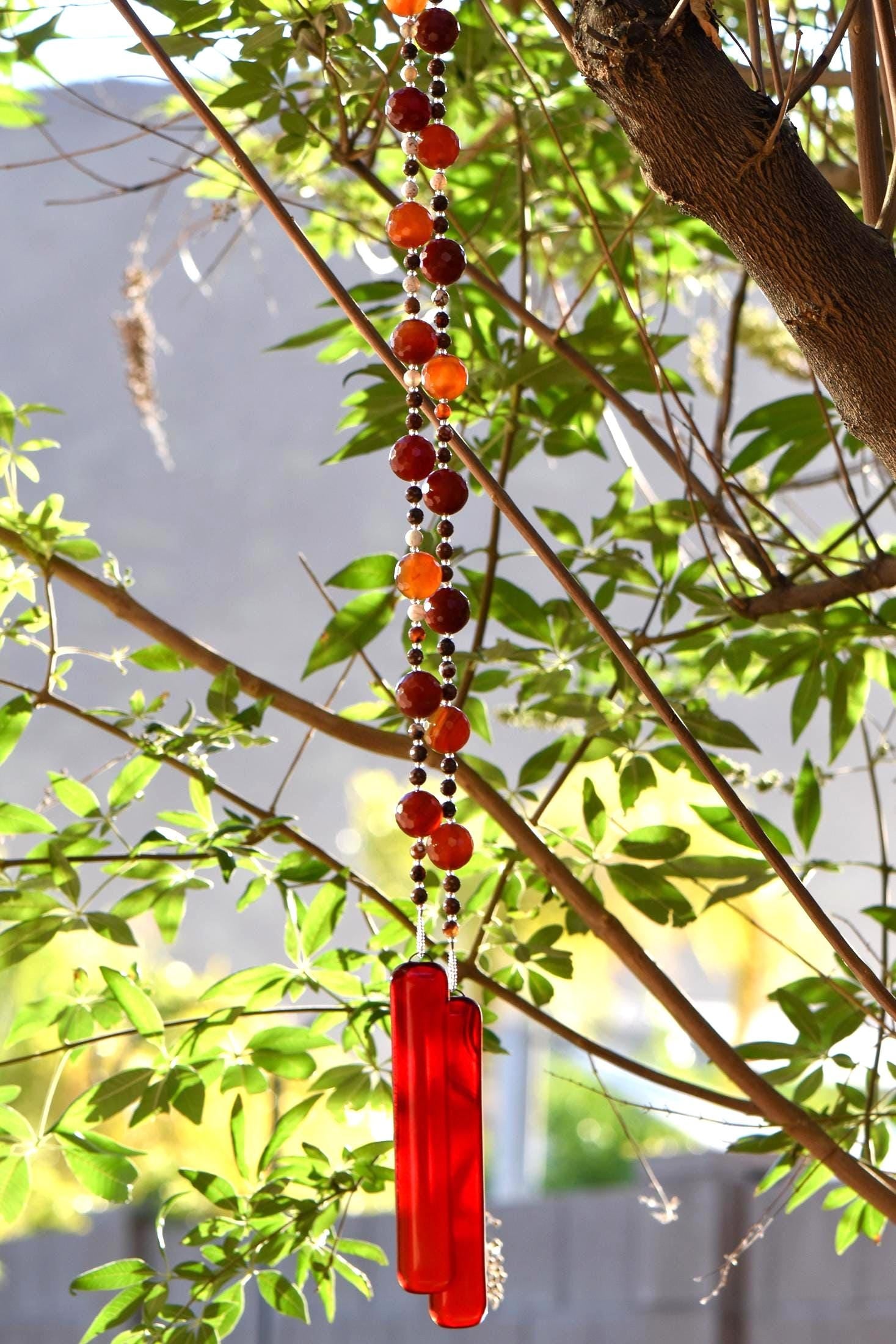 Carnelian Stone and Glass Sun-Catching Wind Chime for Patio and Garden - 30" Long