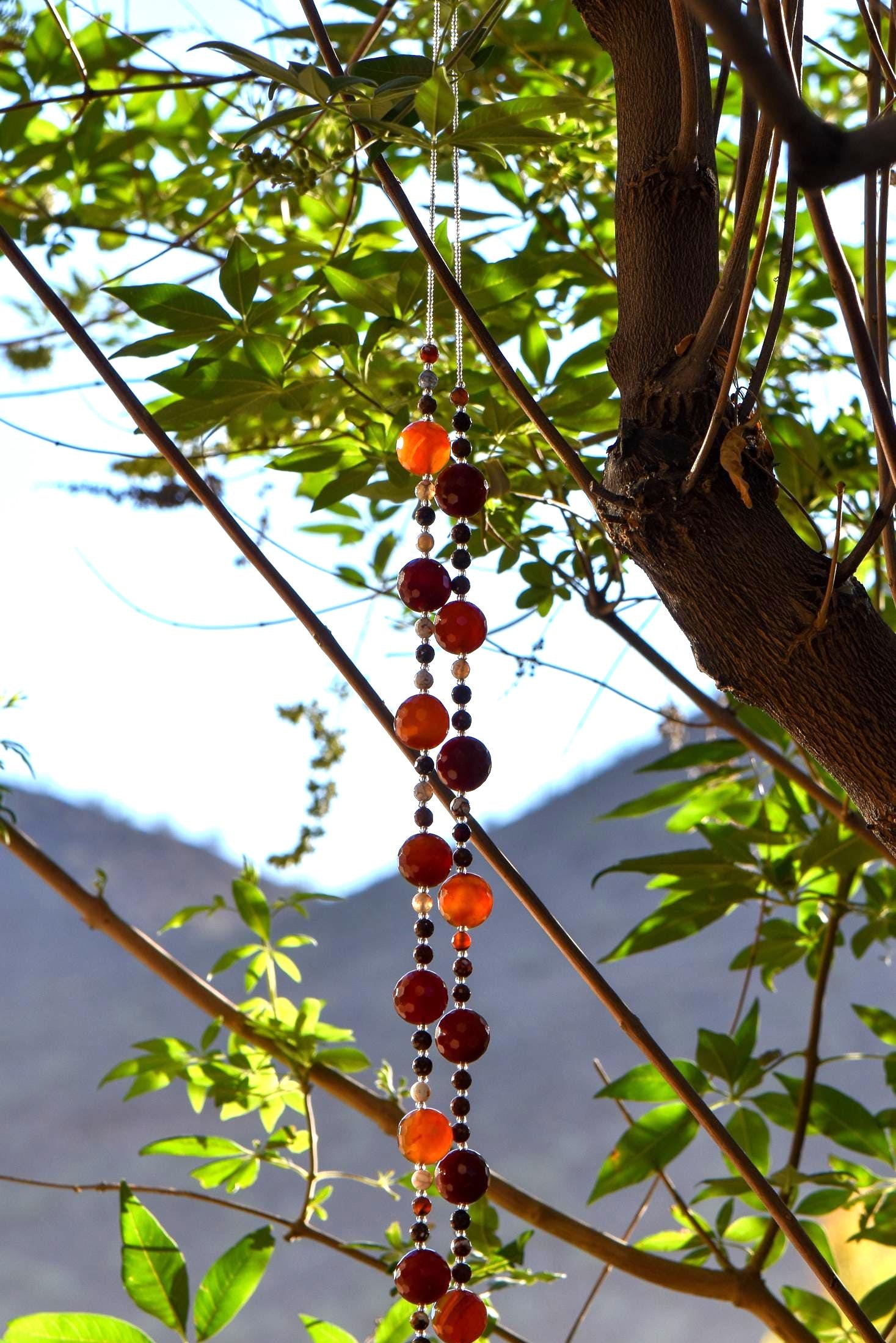 Carnelian Stone and Glass Sun-Catching Wind Chime for Patio and Garden - 30" Long