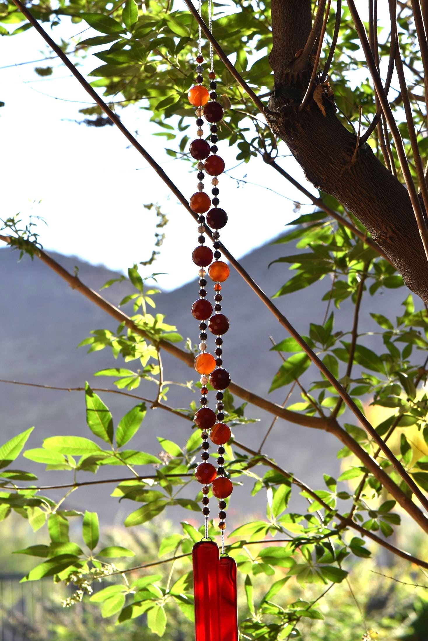 Carnelian Stone and Glass Sun-Catching Wind Chime for Patio and Garden - 30" Long