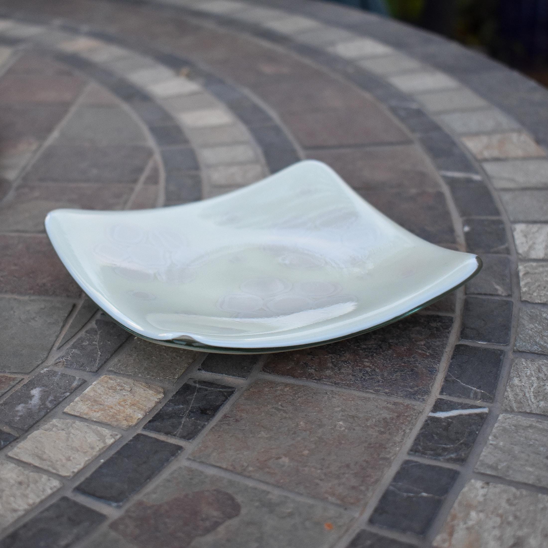 Vanilla Cream Glass Tray with Flower Motif - 6" Square