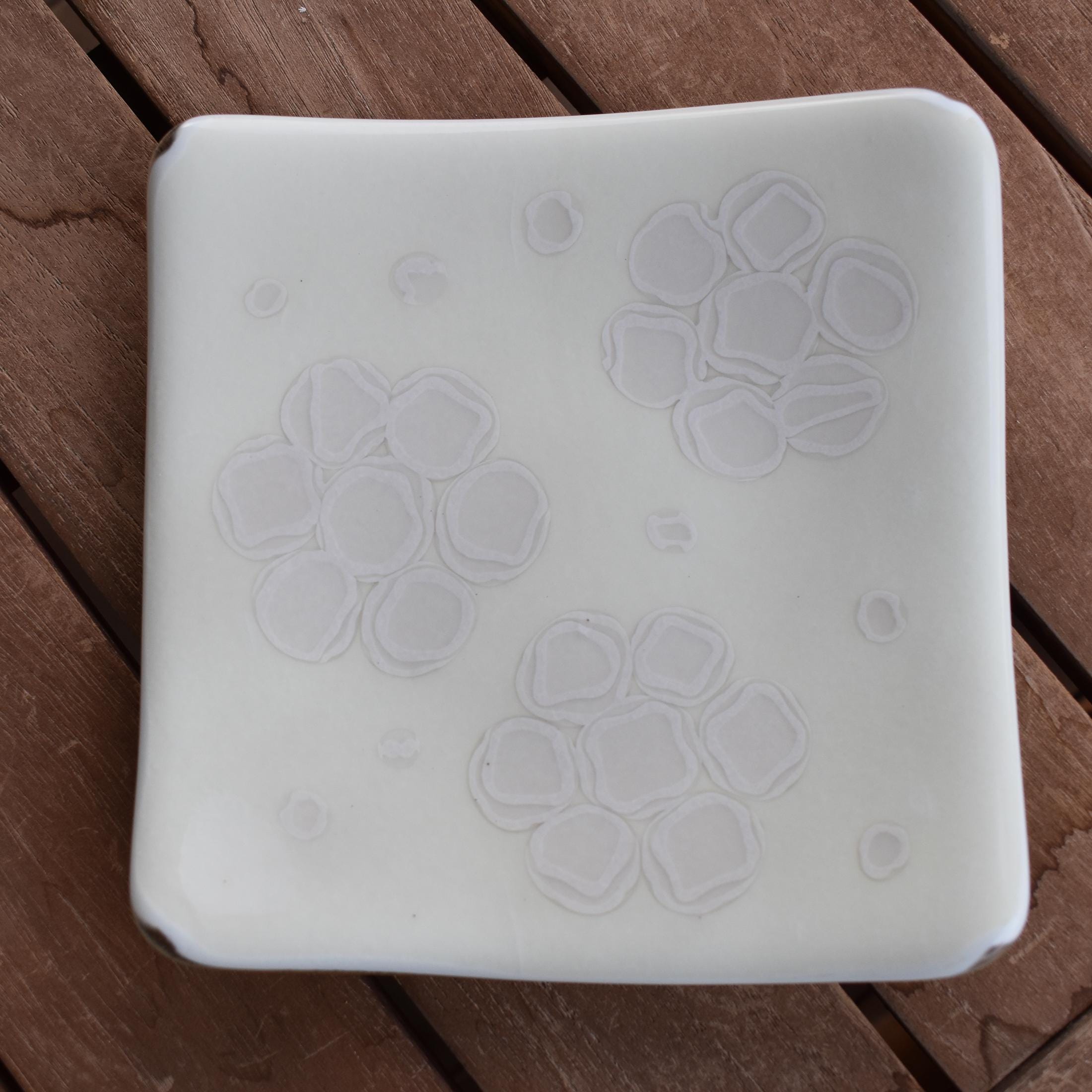 Vanilla Cream Glass Tray with Flower Motif - 6" Square