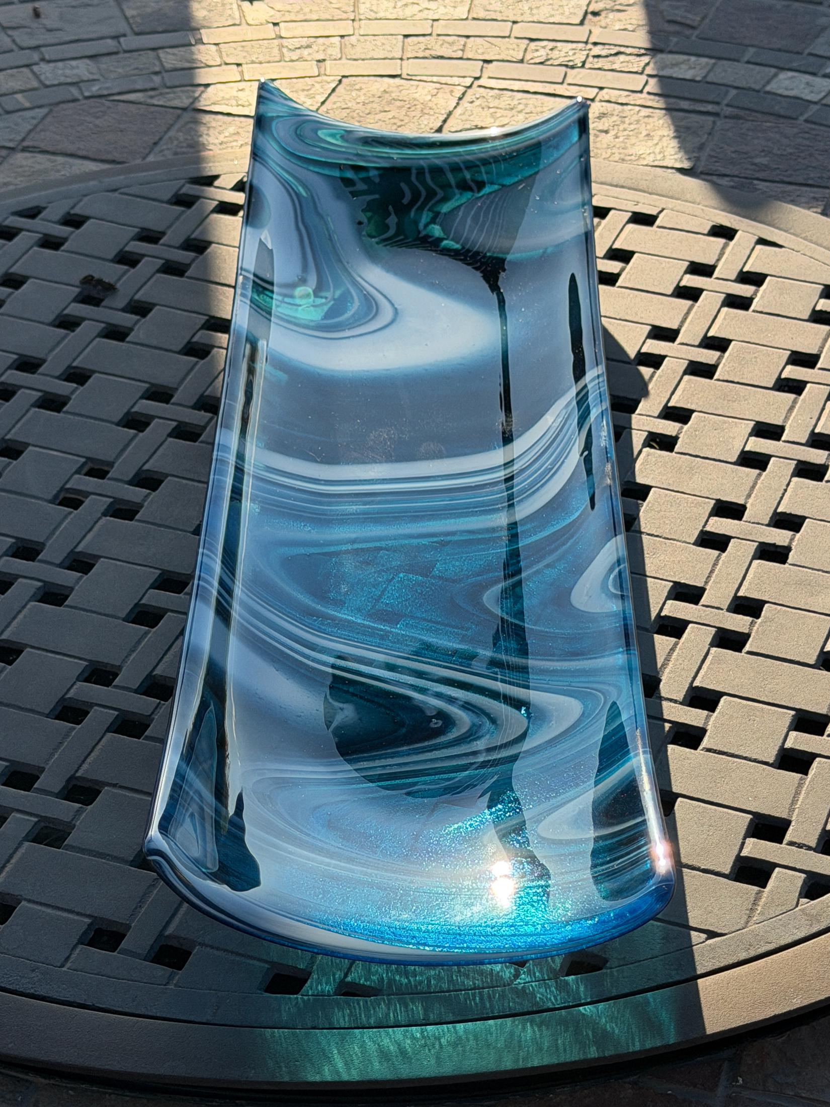 Large Blue & White Fused Glass Channel Tray - Table Centerpiece - 23" Long