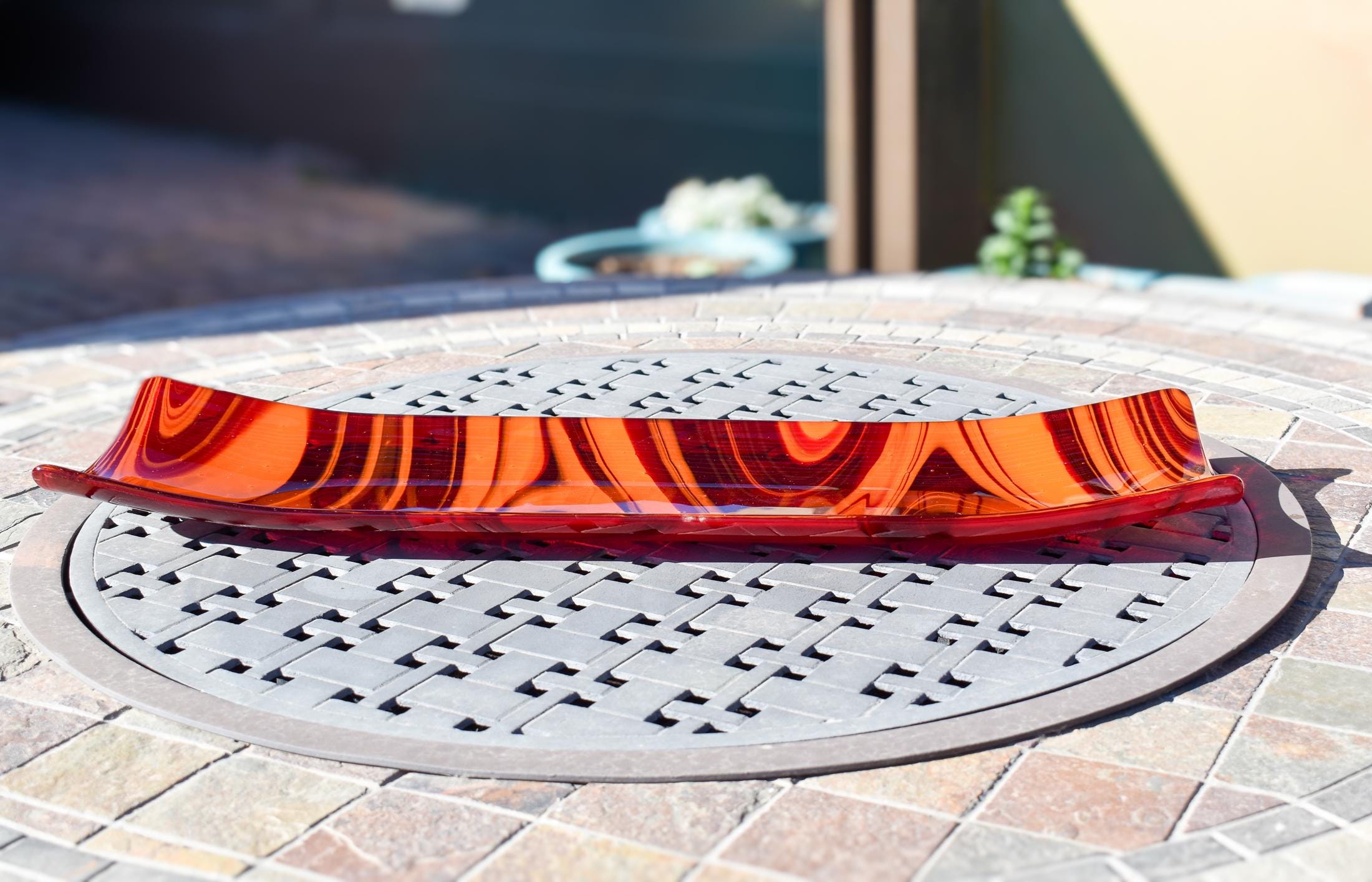 Large Red & Orange Fused Glass Channel Tray - Table Centerpiece - 23" Long