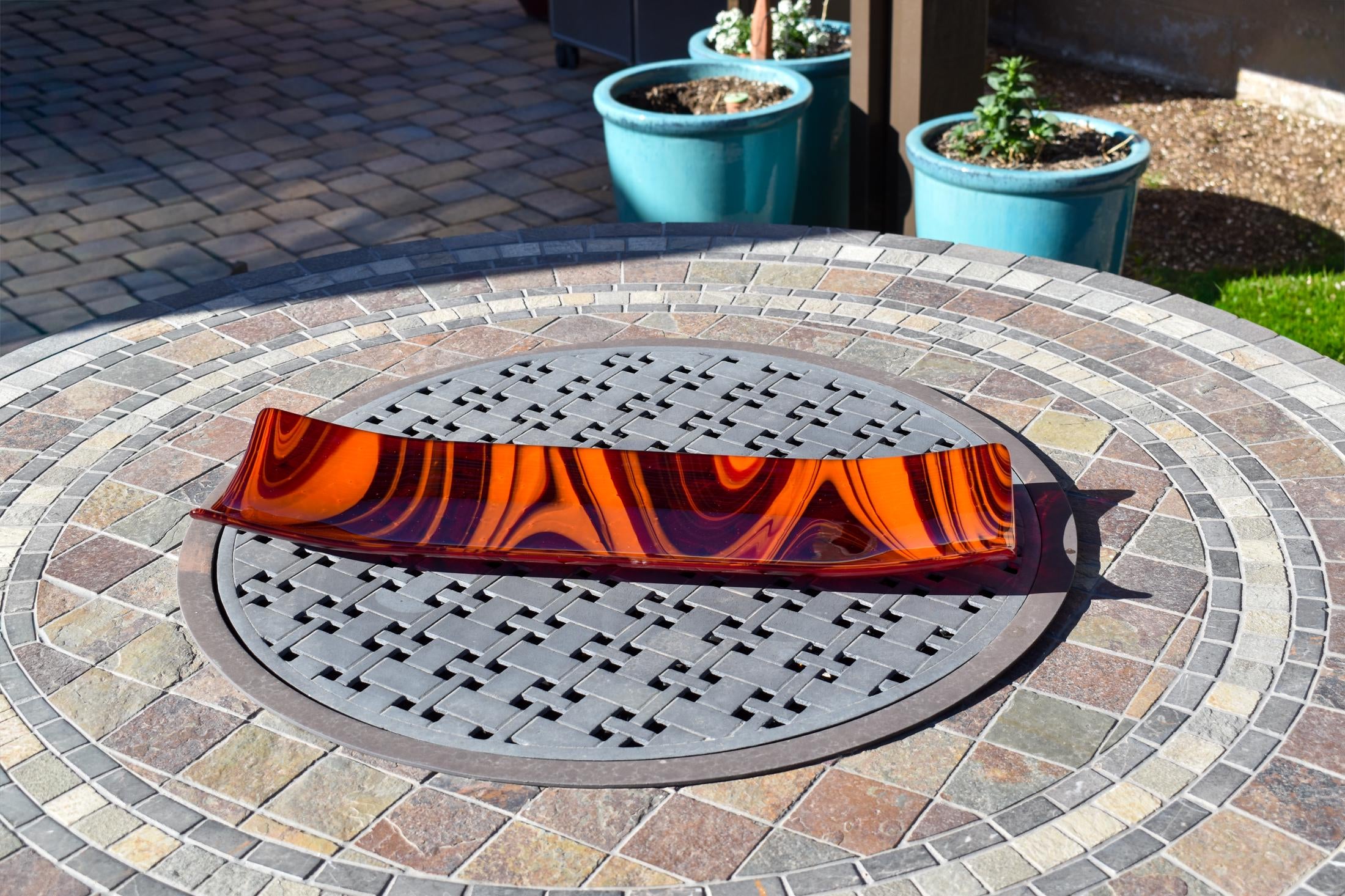 Large Red & Orange Fused Glass Channel Tray - Table Centerpiece - 23" Long