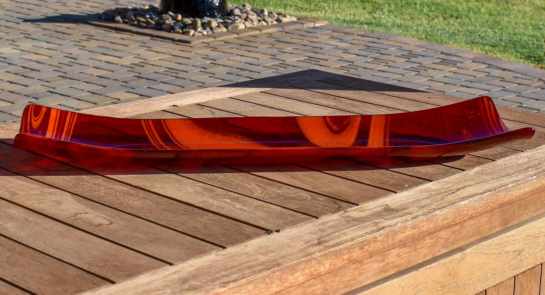 Large Red & Orange Fused Glass Channel Tray - Table Centerpiece - 23" Long