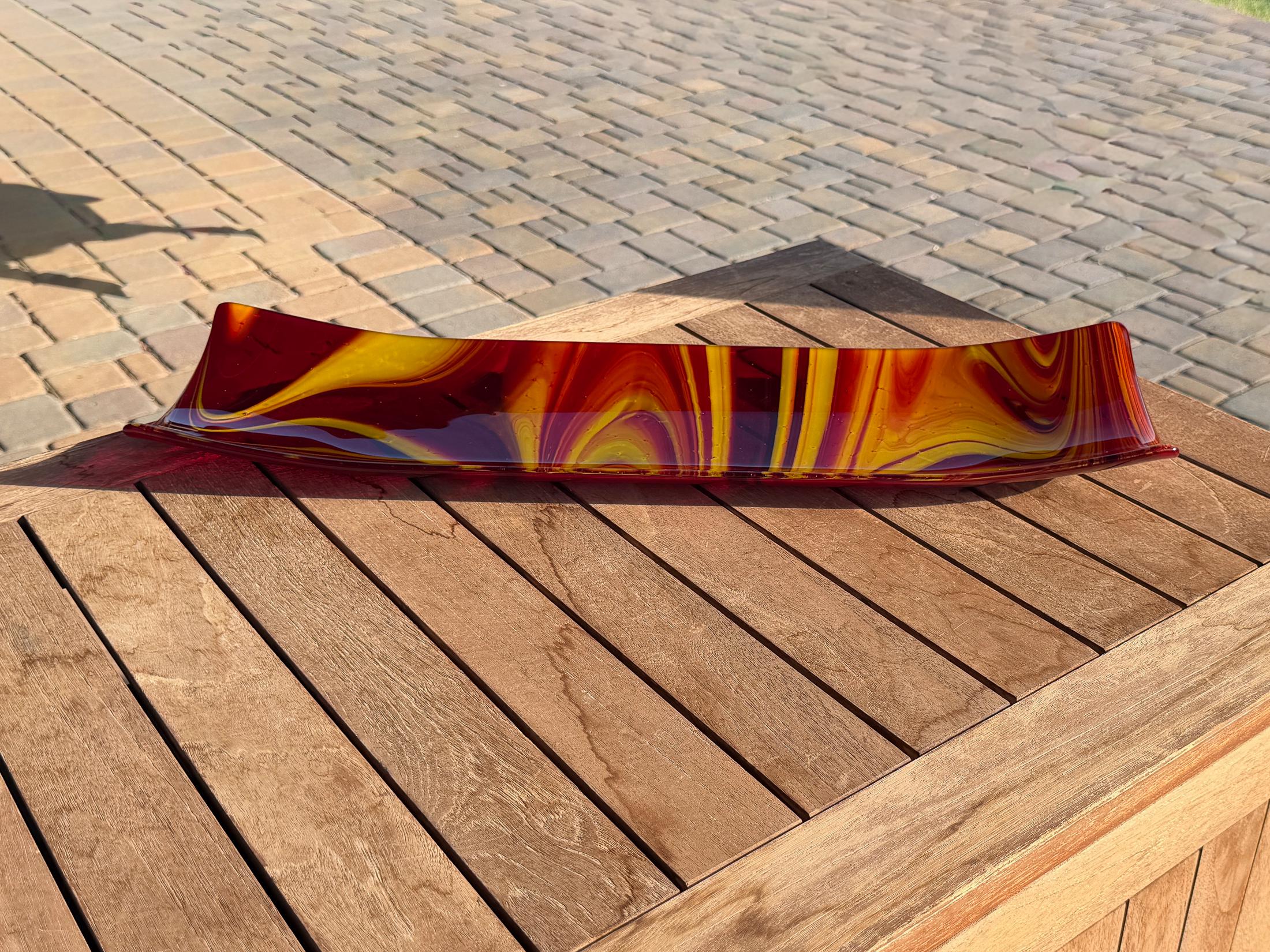 Large Red & Yellow Fused Glass Channel Tray - Table Centerpiece - 23" Long