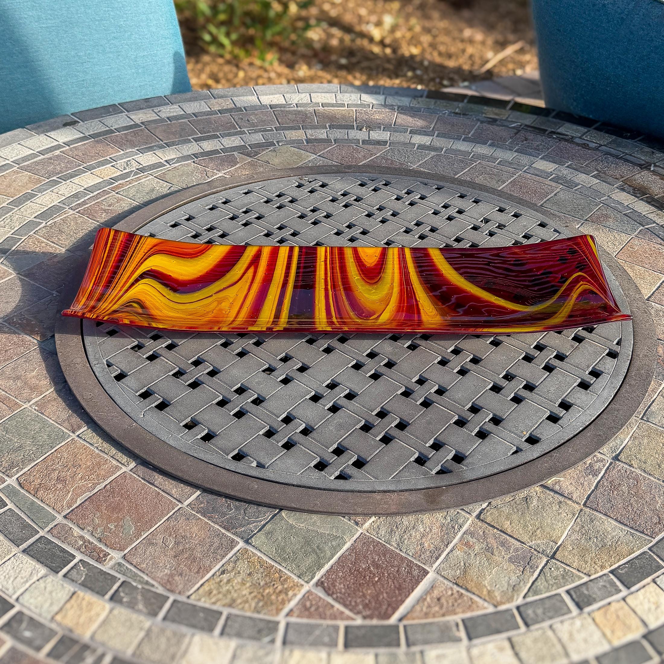 Large Red & Yellow Fused Glass Channel Tray - Table Centerpiece - 23" Long