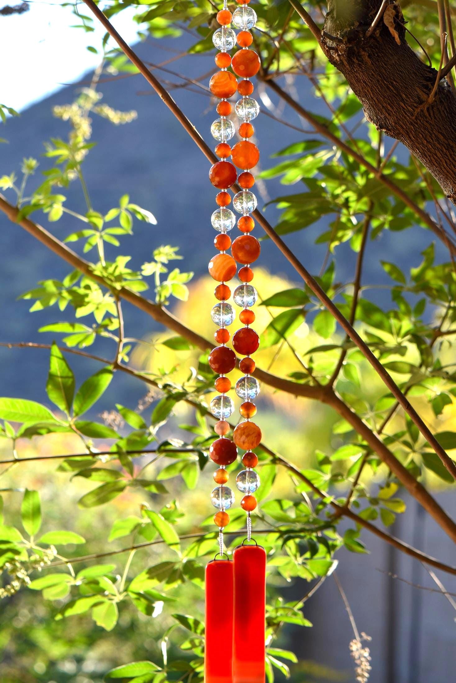 Carnelian Stone and Glass Wind Chime for Patio and Garden - 30" Long