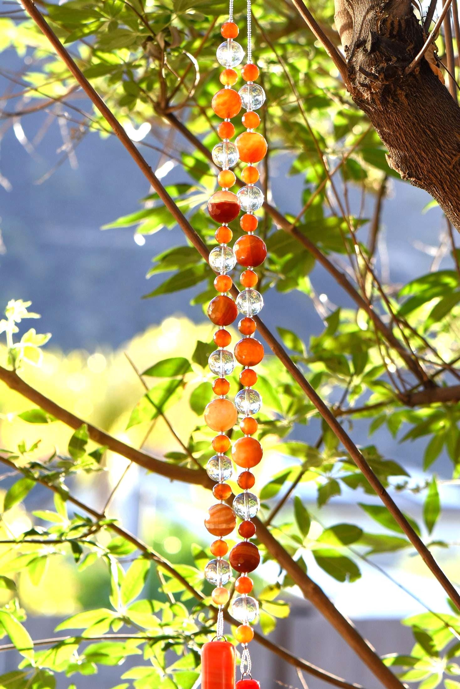 Carnelian Stone and Glass Wind Chime for Patio and Garden - 30" Long